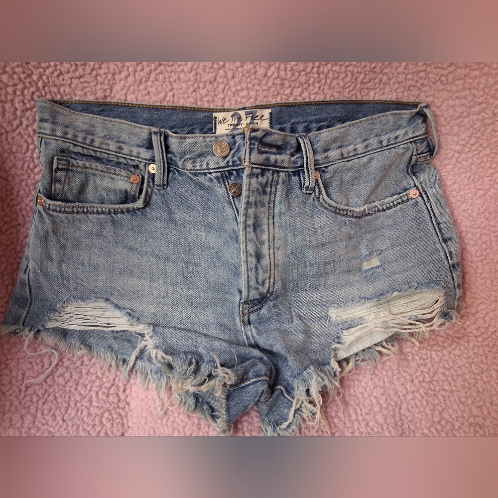 We The Free Blue Distressed Denim Shorts